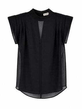 Livy 100% Silk Sheer Mock Neck Blouse Black Built-In Shoulder Pads S